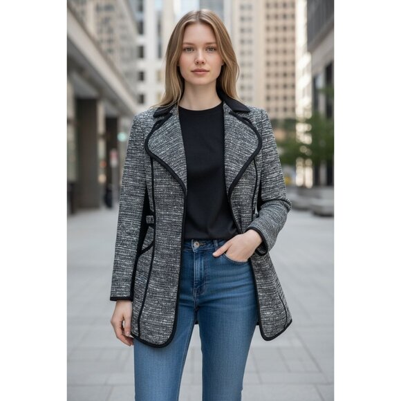 Laundry by Shelli Segal Black Gray Flare Coat Jacket Womens Size 6 Contrast Trim - Picture 1 of 16